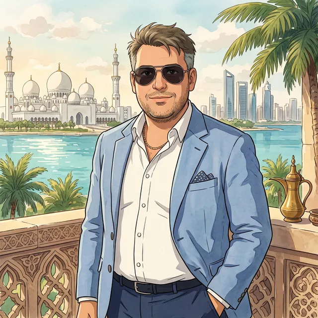 Watercolour portrait of Denys in a light blue jacket and sunglasses on a terrace in Abu Dhabi, with the Grand Mosque and the city skyline across the water behind him