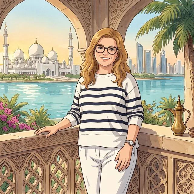 Watercolour portrait of Kateryna in a navy-striped top and glasses on a terrace in Abu Dhabi in the golden evening light, with the Grand Mosque and pink bougainvillea behind her