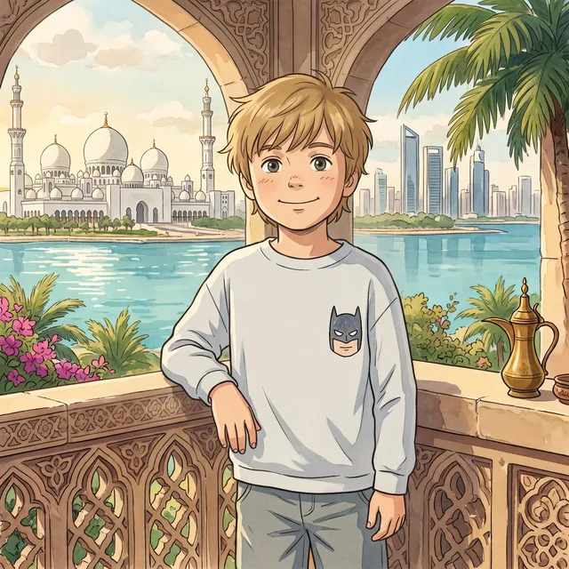 Watercolour portrait of Michel in a light grey sweatshirt, smiling under the carved arches of a terrace in Abu Dhabi, with the Grand Mosque behind him