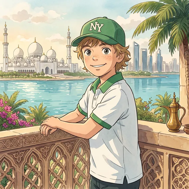 Watercolour portrait of Nicolas in a green cap and a white polo shirt, smiling and leaning on a carved stone balustrade above the water in Abu Dhabi